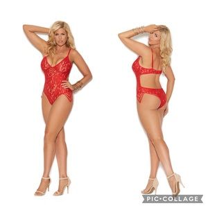 Elegant Moments Red Lace Adjustable Straps Eyelash Side Detail Teddy